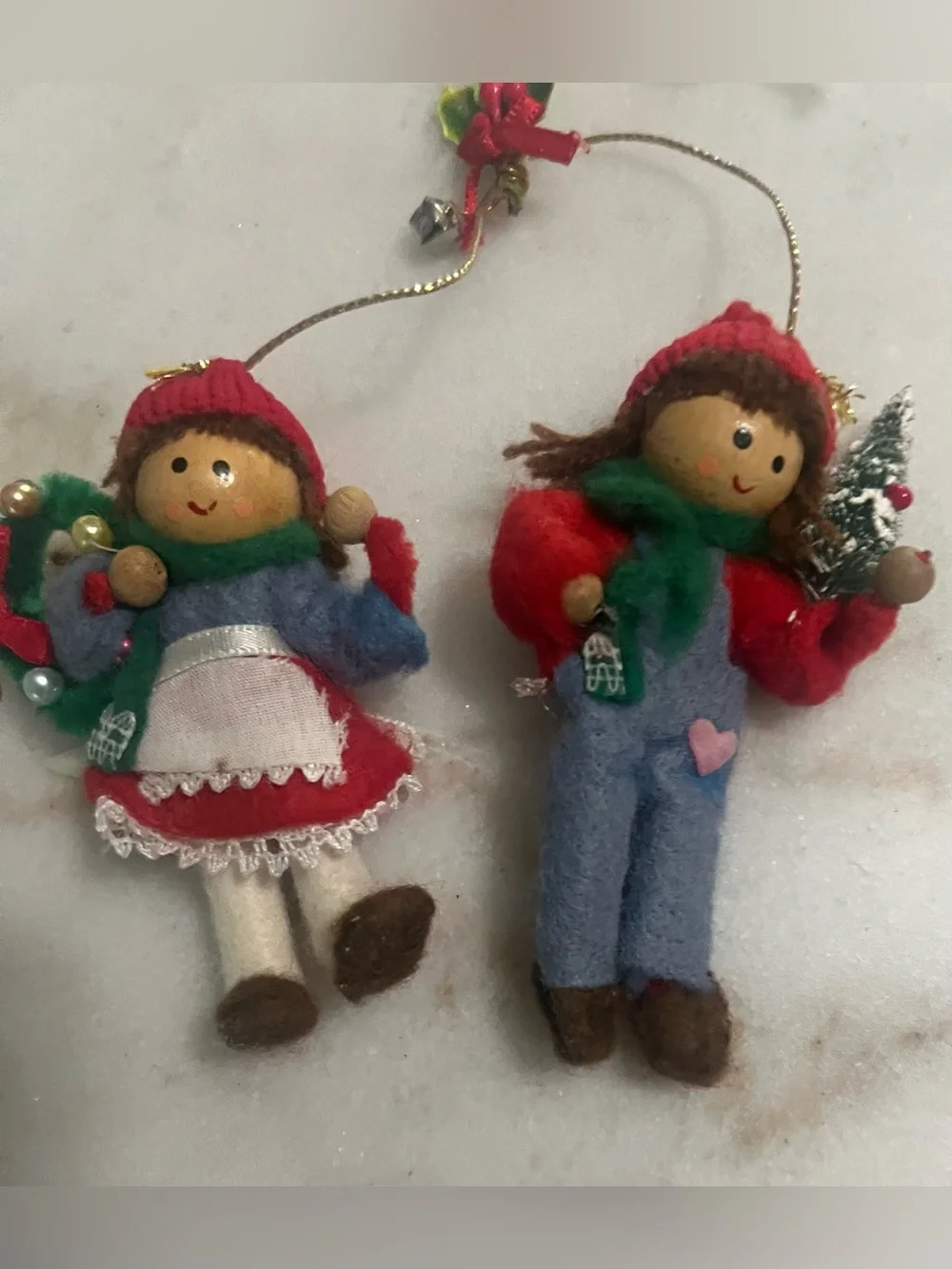 Festive Red & Green Holiday Doll Ornaments - Pair